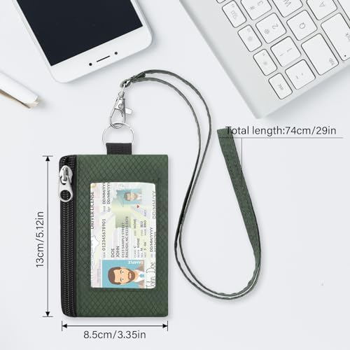 Image of Minimalist RFID Wallet with Lanyard, Multi-Functional ID Case with 2 Zipper Pockets and Key Chain for Men and Women, Tactical Badge Pouch Cards Holder, Coin Purse for Travel Sports-Green