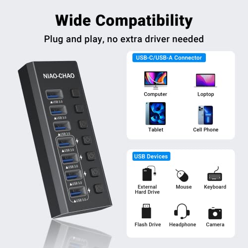 USB-Hub-30-Powered-NIAO-CHAO-7-Port-Powered-USB-C-Hub-with-Individual-Switches-12V-Power-Adapter-39-Long-Cable-USB-Expander-Hub-Splitter-for-MacBook-Air-ProMac-MiniiMac-All-Laptops-Desktops