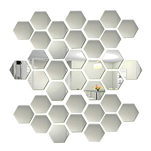 36 de azulejos hexagonales de espejo autoadhesivo para decoración de paredes, calcomanía plateada 3D con efecto, pegatinas de pared pequeñas murales decorativos para el hogar sala de estar dormitorio