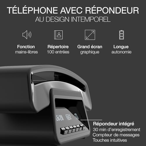 ALCATEL Epure Premium - Téléphone Fixe sans Fil DECT avec Répondeur - Design Vintage - Base D'Affichage Intelligente - Grand Écran Graphique - Mains Libres - Fonction Blocage des Appels - Noir