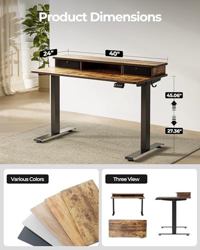 Image of FEZIBO 40 x 24 Inch Height Adjustable Electric Standing Desk with Double Drawer, Stand up Home Office Computer Desk with 4 Height-Adjustable Feets & 2 Hooks, Rustic Brown