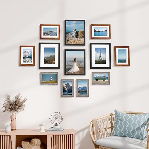 Image of Vittanly 12 Pack Picture Frames Collage Wall Decor for Mounting or Tabletop, Gallery Wall Frame Set for Family, Multi Sizes Including 8x10, 5x7, 4x6, Black & Walnut Brown & Dark Grey