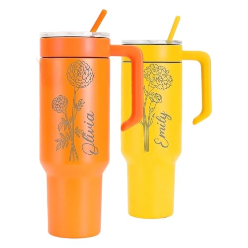 Personalized 40 oz Engraved Tumbler with Handle & Straw | Custom Name Laser Engraved Stainless Steel Travel Mug, Double Wall Insulated Cup | Mother’s Day Gift, Personalized Gift for Mom Women
