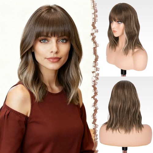 FESHFEN Shoulder Length Wigs with Bangs - Brown Mixed Blonde