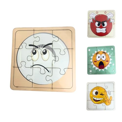 Image of Set of 4 Wooden Jigsaw Puzzles (9 Pieces Each) for Kids 2+ Years | Emotions Puzzle Game for Toddlers | Montessori Early Learning Brain Teaser Toy | Educational Gift for Boys & Girls