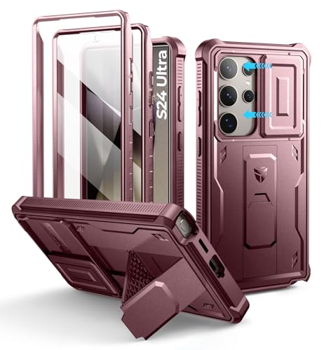 Image of Dexnor for Samsung Galaxy S24 Ultra Case with Built-in Slide Camera Cover & Screen Protector & Kickstand,Shockproof Rugged Case Full-Body Bumper Protective Cover for Galaxy S24 Ultra (2024),Maroon Red