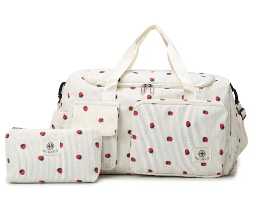 Suweir Sporttasche Kinder Reisetasche Mädchen Damen mit Schuhfach und Nassfach Cord Schwimmtasche Weekender Travel Bag Erdbeere Handgepäck Tasche Geldbörse für Reisen, Fitness, Sport Schwarz Beige