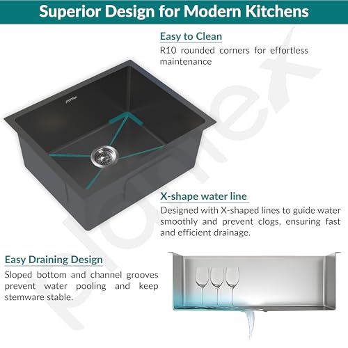 Image of Plantex Stainless Steel Handmade Kitchen Sink /Single Bowl Sink For Kitchen With Drain Rack and Coupling and Waste Pipe /Undermount /Topmount (Black- 24X18 Inches)