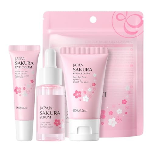 Sakura Travel Skincare Set for Teenage Girls - Face Routine Valentines Gifts Set for Women, 3 Piece Gentle Skin Cleaning & Care Travel Size Kit with Serum, Face Cream, Eye Cream