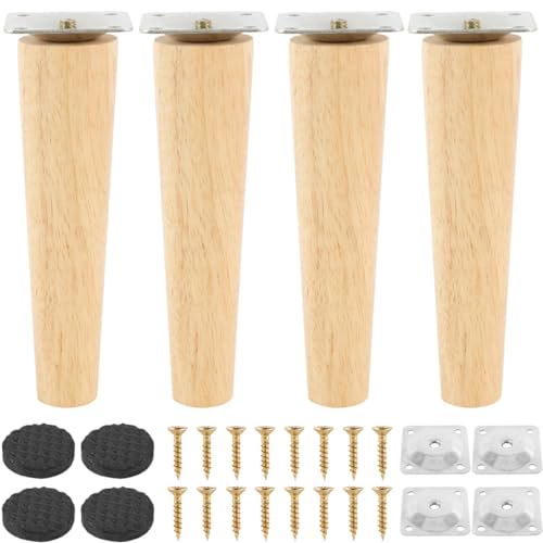 Pieds de Meuble en Bois 15cm - 4pcs Droits avec Plaque de Montage, Vis et Tapis Antidérapant - Pour Lit, Armoire, Tables et Chaises