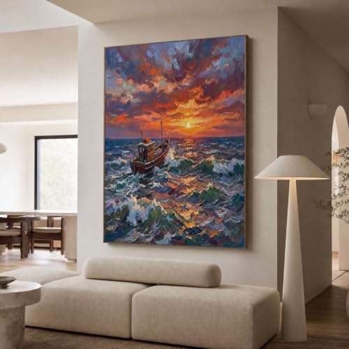 Tableau sur toile vagues et coucher de soleil, cadeau idéal de pendaison de crémaillère