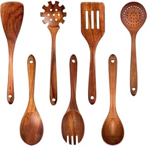 IHKFILAN Wooden Spoons, 7 Pcs Teak Wooden Utensils for Cooking, High Temperature Resistance Comfortable Grip Kitchen Utensils Set, Nonstick Healthy Wooden Kitchen Cookware (Brown-A)