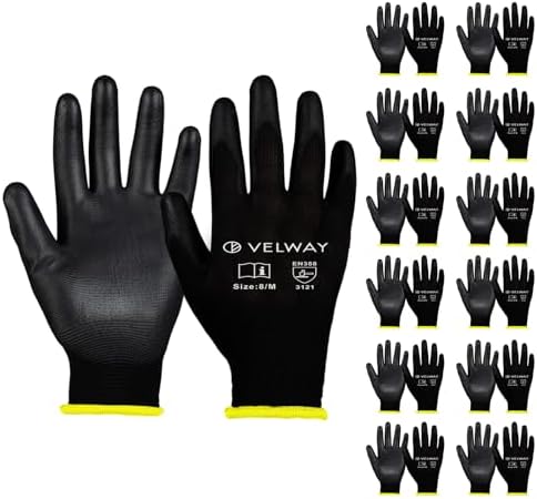 Velway Arbeitshandschuhe PU-beschichtet Leicht, 12 Paar, Größe 8, Schwarz | Rutschfest Atmungsaktiv, EN388, Montagehandschuhe Herren Damen Handschuhe für Gartenarbeit, Mechanik, Lo