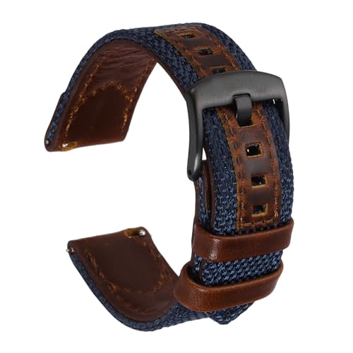 Correa de reloj de nailon de 20 mm transpirable de piel auténtica azul y marrón