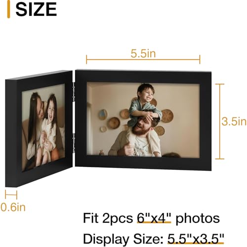 decorUhome Double 6x4 Picture Frame Horizontal, Engineered Wood Bifold Photo Frame with Plexiglass for Tabletop Display, 6x4, Black