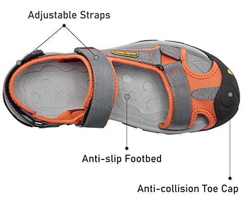 Camel Crown Men's Waterproof Hiking Sandals Closed Toe Water Shoes Athletic Sport Sandals For Summer Outdoor Beach Wading Boat Gray/Orange 12 #TOP2