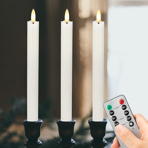 Image of Flameless Taper Candles with Rmote, 9.6 inch Real Wax Battery Operated Candles with 3D Wick, 3 Pack Led Flickering Candlesticks, Electric Candle for Home, Wedding, Party, Decor, White