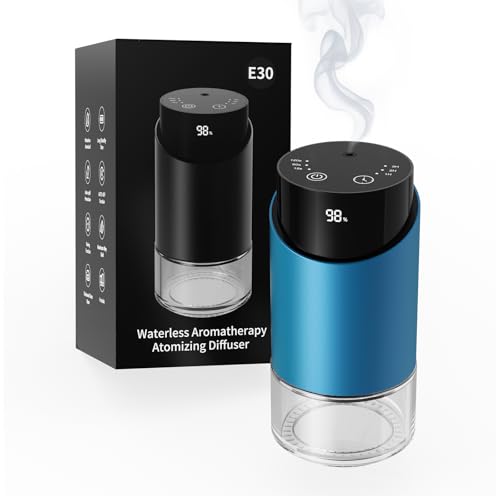 Waterless Essential Oil Diffuser Aromatherapy Scent Diffusers for Home Large Room, Car, Office, Desk, Mini Battery Operated Cordless Air Freshener, 4 Timers & 3 Mist Levels, 100ml Capacity (Blue)