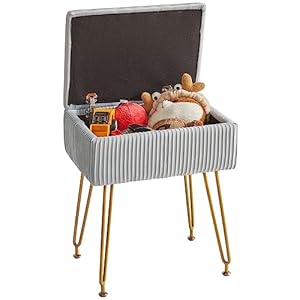 YMYNY Sièges de Pouf Ottoman avec Espace de Rangement, Tabouret de Maquillage en Velours, Repose-Pieds, Chaise de Coiffeuse Carrée à Rayures, Pieds en Métal Doré, 40×29.5×48CM Gris Bleu HBD024G