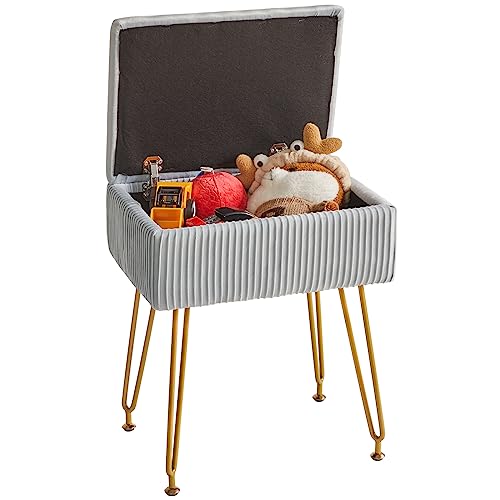 YMYNY Schminkhocker Stuhl mit Stauraum, quadratischer Hocker aus Samt, moderner multifunktionaler Make-up-Hocker für Schlafzimmer, Wohnzimmer, Büro, goldene Beine, 40 x 29.5 x 48 cm, Graublau HBD024G