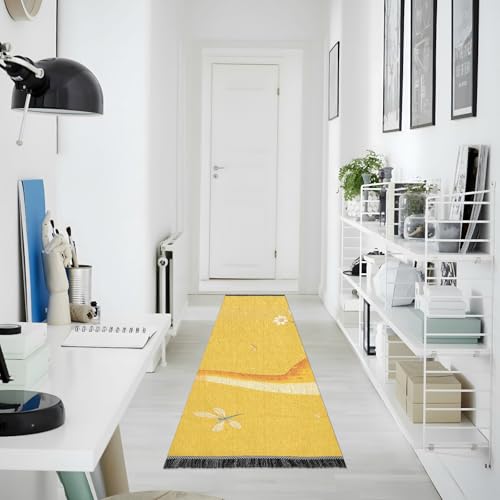 Tapis de couloir lavable en machine antidérapant jaune pompons