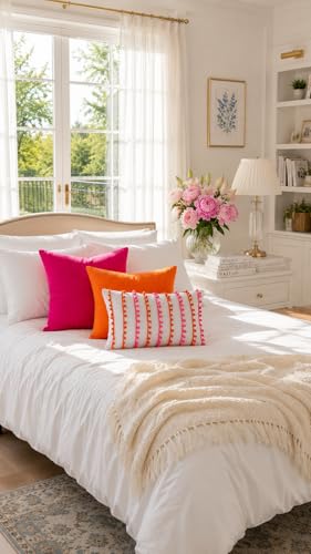 Image of Preppy Pom Pom Cushion Cover, Pink Orange White Decorative Throw Pillow Cover, Colorful Dorm Room Decor, Sorority Style Accent Pillow for Bedroom, College Apartment Preppy Cushions