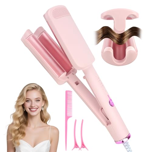XEERUN Hair Waver Crimper, 32MM Deep Waver Curling Iron with 4 Adjustable Temp, French Egg Roll Curling Iron, Anti-Scald Mermaid Hair Wavers for Short/Long Hair, Quick & Easy, Pink