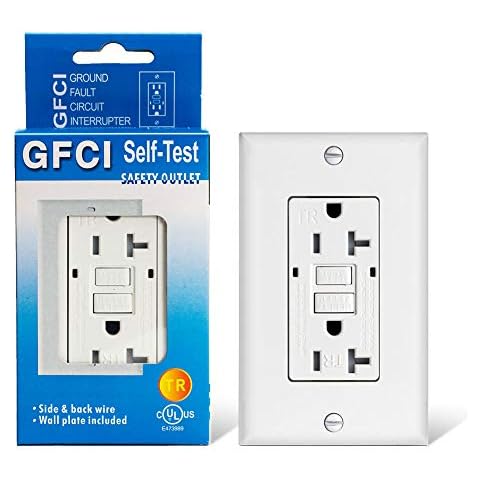 20amp GFCI Outlet Receptacle-Electrical White Self Testing Tamper Resistant Duplex Ground Fault Circuit Interrupter Outlet Included LED Light, Wall Plate and Screws, UL Listed Cover