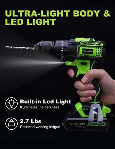 Comoware Brushless Drill, 20V Cordless Drill With 1/2” Keyless Chuck, Power Drill, Max 530 In-Lbs Torque, 2 X 2.0Ah Li-Ion Batteries, 1-H Fast Charger, 20+2 Position And 23Pcs Accessories #TOP5