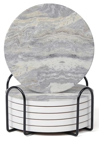 Hoomey Set of 6 Light Gray Abstract Onyx Marble Coasters with Holder, Absorbent Ceramic Coasters for Drinks, Coasters with Cork Backing for Table Protection, Coffee Table Decor