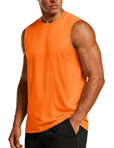TACVASEN Men's Workout Sleeveless T-Shirts Regular Fit Wicking Bodybuilding Tank T Shirt Breathable Sports Running Fitness Vest Orange,L