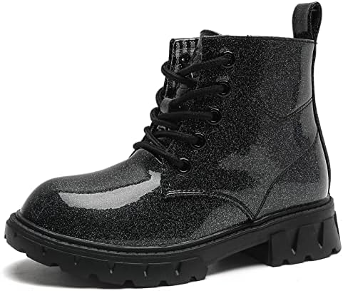 DADAWEN Boys Girls Glitter Ankle Boots Kids Lace Up Waterproof Combat Shoes With Side Zipper for Toddler/Little Kid/Big Kid Black/Glitter US Size 9.5 M Toddler