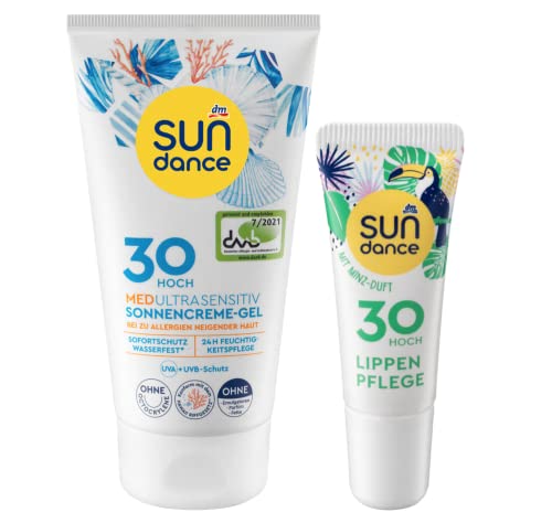 SUNDANCE 2er-Set Sonnenschutz: Sonnencreme GEL MED ultra sensitiv bei zu Allergien neigender Haut ohne Parfüm, Fette & Octocrylene, LSF 30 (150 ml) + Lippenpflege MINZE LSF 30 (10 ml), 160 ml
