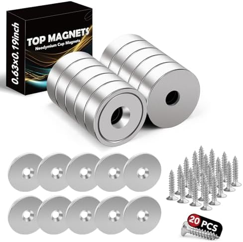 TOP MAGNETS 10Pack Strong Magnets Heavy Duty, Neodymium Magnet with Countersunk Hole and Iron Sheet, 20LBS Cabinet Magnet for Kitchen, Mounting, and Cabinet Magnetic Catch- 0.63x0.19inch