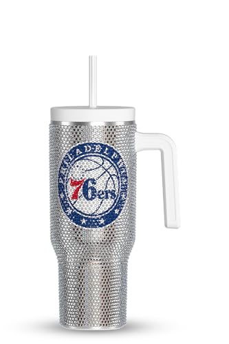 Hydrapeak NBA Officially Licensed Philadelphia 76ers 40oz Rhinestone Bling Tumbler with Handle, Straw & Lid, Leakproof Insulated Stainless Steel Travel Tumbler, Cup Holder Friendly