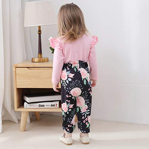 Image of YALLET 3Pcs Toddler Girl Clothes Solid Color Long Sleeves Ruffle Top+Floral Pants+Headband 1-6 Years Fall /Winter Outfits Set