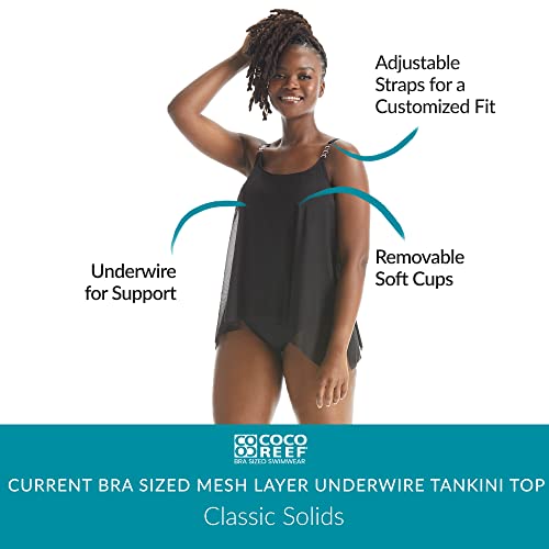 COCO REEF Current Bra Sized Mesh Layer Underwire Tankini Swim Top — Black, 34C4
