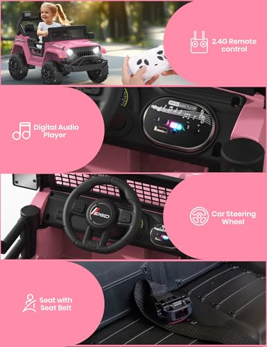 12V Kids Ride on Truck Car, Electric Off-Road Vehicles with Forward and Reverse Functions, Kids Pink SUV w/Parental Remote Control, Safety Belt, Lights and Music for Girls Aged 3-5 Years -Pink - Thumbnail 5