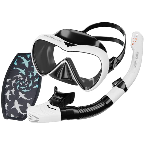 WATER GAMES シュノーケリングセット シュノーケルマスク ドライスノーケル 2点セット 男女兼用 マスクストラップカバー 曇り止めフィルム 収納バッグ 付き 初心者向け 潜水メガネ 水中メガネ (ホワイト（マスクストラップカバー付き）)のサムネイル
