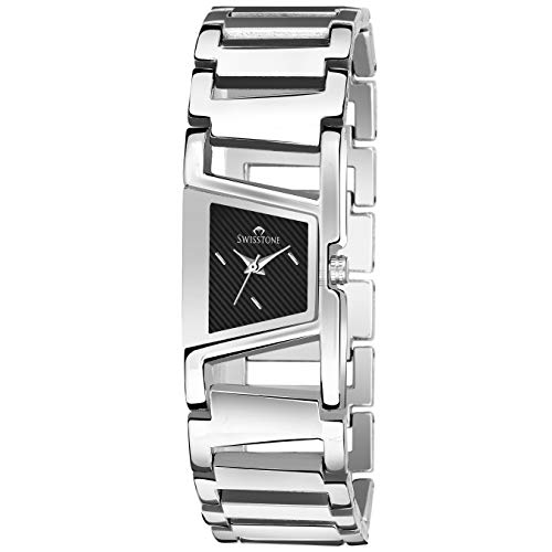 SWISSTONE Stainless Steel Dzl411-Blk Silver Bracelet Wrist Watch For Women, Analogue