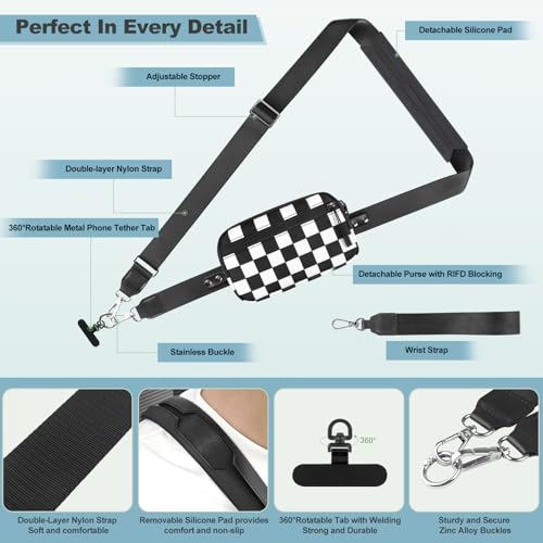 Image of YFWE Clip and Go Strap for Phone with Wallet Crossbody, Adjustable Phone Lanyard with Detachable RFID Wristlet Wallet, Phone Strap with Phone Tabs for All Phones, Black Checkered (L)
