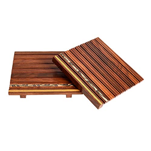 Image of AAKRITI ART CREATIONS Wooden Coaster Handcrafted with Flower Motif Set of 2 | Warli Art | Natural Brown Wooden Coasters | Matte Finish Table Coasters | for Dining Table & Home