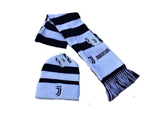 SCRITTA-STEMMI RICAMATI JUVENTUS Set Juve Sciarpa + Cuffia Ufficiale Kit Tubolare Berretto Cappello in Acrilico SETJUTZE02CUFBI05