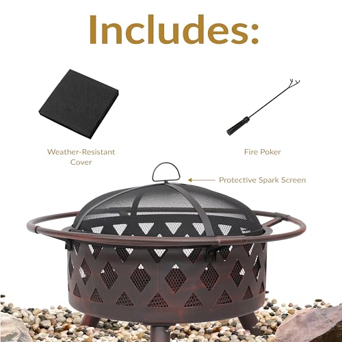 Sunnydaze Crossweave Outdoor Fire Pit - Wood-Burning Fire Pit for Outside with Spark Screen, Poker and Round Cover - Steel Patio Firepit for Backyard, Deck, Porch - 30-Inch - Bronze - Image 4