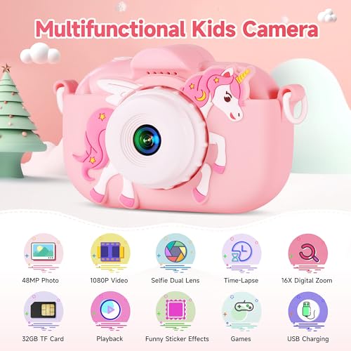 Kids Camera Toys for Ages 3 4 5 6 7 8 9 Girls, 48MP Dual Lens Toddler Camera Kids Digital Camera Christmas Birthday Gift for Kids, Kids Video Camera Selfie Camera with 32G SD Card, Silicone Cover