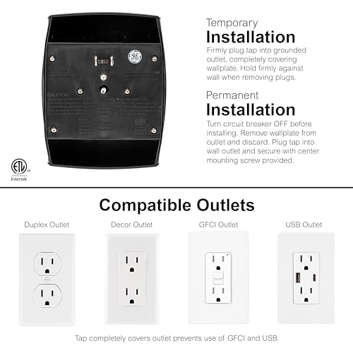 GE 6-Outlet Extender Wall Tap, Grounded Adapter, Outlet Splitter, Charging Station, 3-Prong, Plug Adapter, Secure Install, Cruise Essentials, ETL Listed, Black, 54840 by GE - Image 2