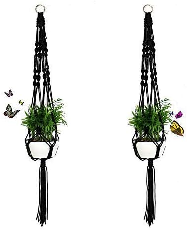 Timoo 2 Pack Plant Hanger Basket, 41 Inches Macrame Flower Pot Hanging Plant Holder Basket for Indoor Outdoor, 4 Legs Nylon Rope with Metal Ring, Black