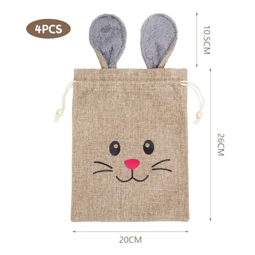 4 Stück Ostern Sackleinen Tasche,26x20cm Tasche mit Hasenohren,Ostertüte zum Befüllen mit Kordelzug Tasche für Ostergeschenke Für Ostereier, Süßigkeiten
