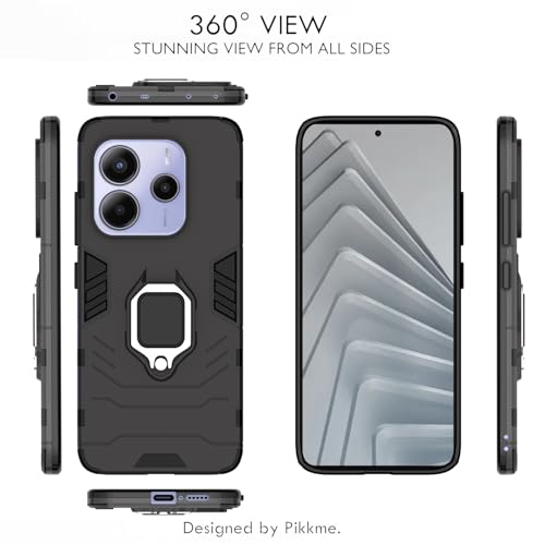 Image of Pikkme D5 Tough Armor Bumper Case | 360 Protection Case | Ring Holder Stand Back Cover for Redmi Note 14 5G (Black)