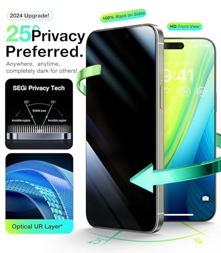 Image of UltraGlass Ultra TOP 9H+ Glass for iPhone 15 Privacy Screen Protector [Invisible Privacy Armor] Screen Protector 15 Tempered Full Coverage & Longest Durable 2 Packs